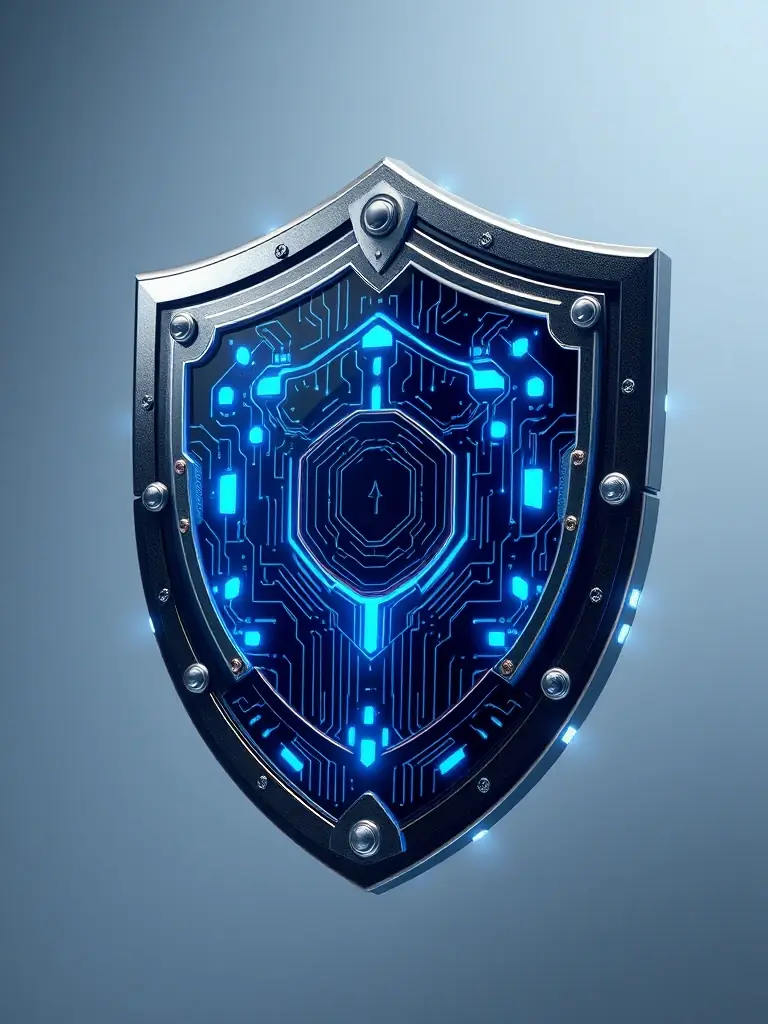 A digital shield representing cybersecurity protection, ensuring data and systems remain secure.