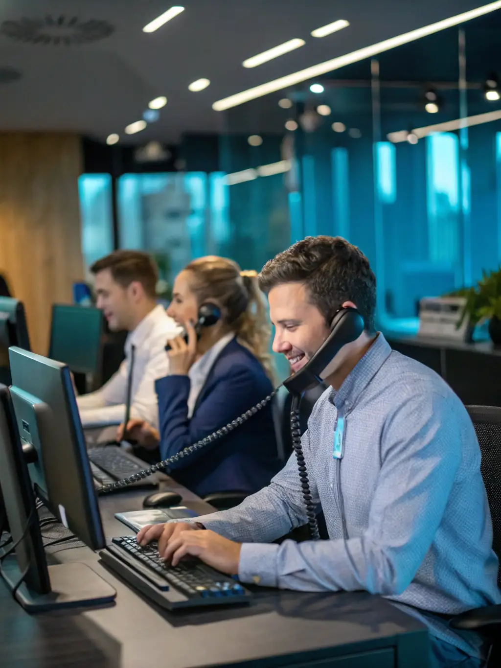 A modern office environment with employees using business phones, showcasing clear communication and connectivity.