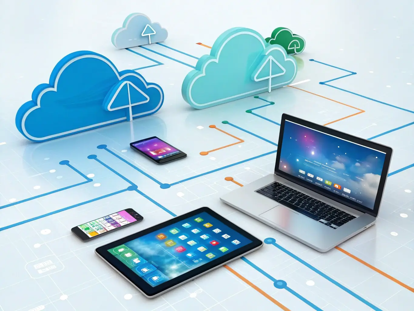 A visually appealing image of cloud icons seamlessly connected to various devices, symbolizing the accessibility and integration of cloud computing solutions.