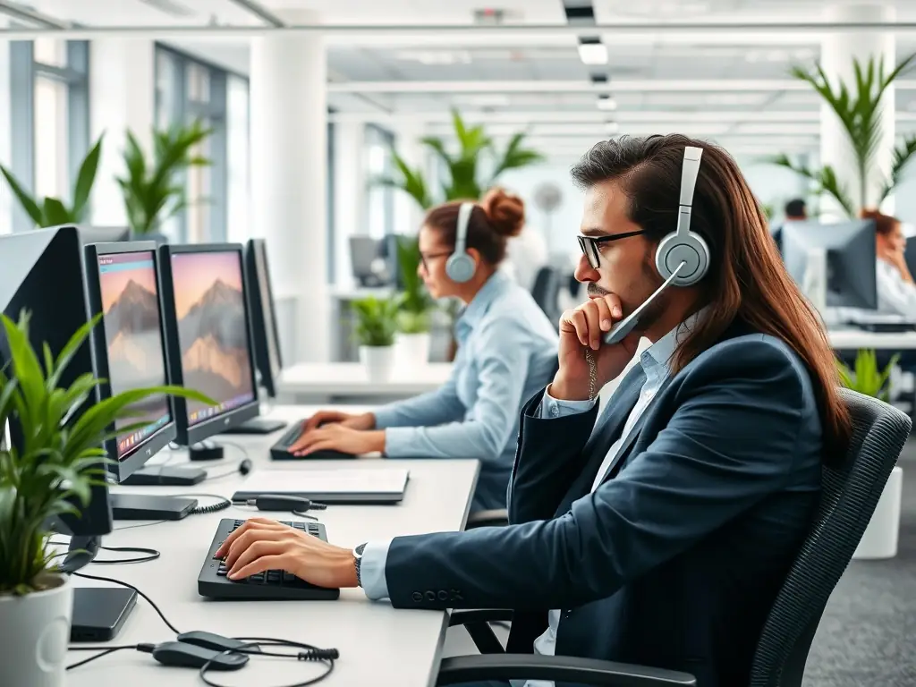 A brightly lit, modern office space with employees efficiently using VoIP phones and laptops, showcasing seamless communication and connectivity.
