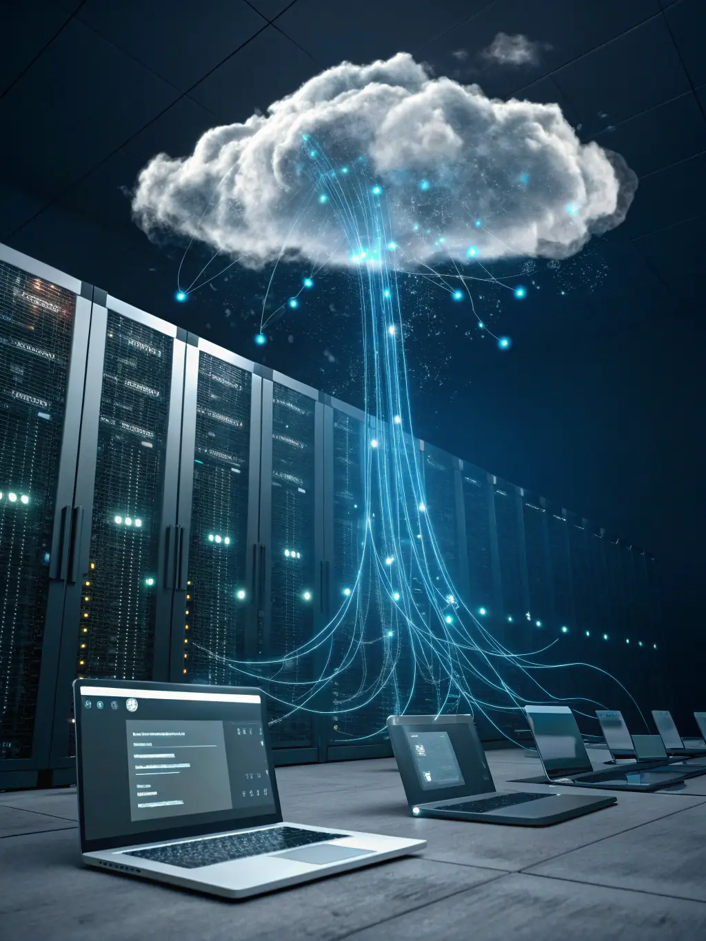 An image depicting a secure cloud network with various devices connected, symbolizing BexleyWeb's expertise in cloud solutions and data security.